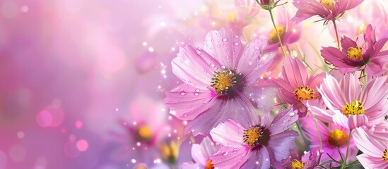 Leinwandbilder - Cosmos flowers with droplets of water. with copy space image. Place for adding text or design