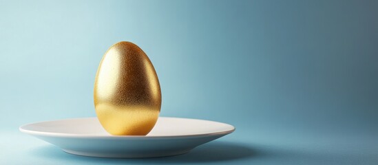 Leinwandbilder - Golden Easter egg on a porcelain plate set against a blue backdrop Concepts for national holiday celebrations Happy Easter Front view Copy space