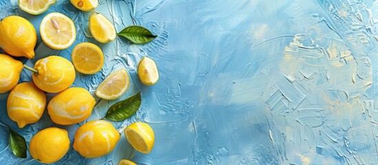 Fototapete - Whole lemons arranged on a blue textured summer background featuring copy space for text