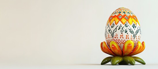 Poster - An egg featuring a pattern on a vibrant stand shaped like a flower for the Easter celebration set against a white background. with copy space image. Place for adding text or design