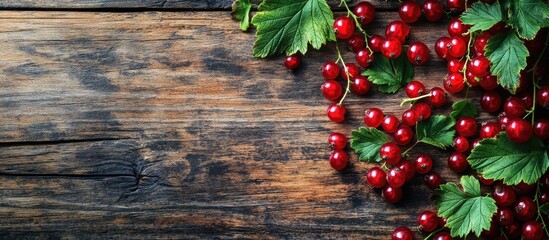 Fototapete - Fresh red currants with green leaves on a rustic wooden table top view with copy space