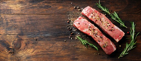 Poster - raw pork tenderloin seasoned with rosemary and pepper on a wooden background meat. with copy space image. Place for adding text or design