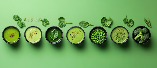 Poster - Green cream soup set A selection of classic green vegetable soups served in small pots asparagus spinach broccoli and green peas On a green background with copyspace top view
