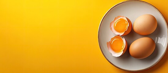 Fototapete - Three broken chicken eggs on a plate Fresh raw protein source Yellow backdrop Copy space