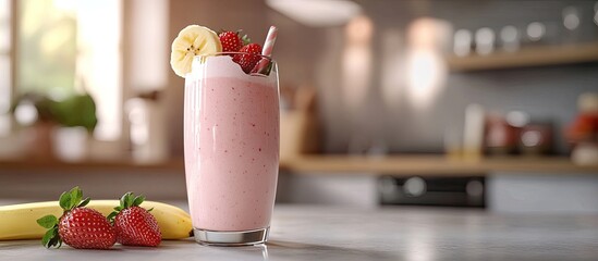 Leinwandbilder - Food and beverages healthy eating and nutrition lifestyle vegan alkaline vegetarian concept Pink smoothie with banana and strawberry on a contemporary kitchen table Copyspace background