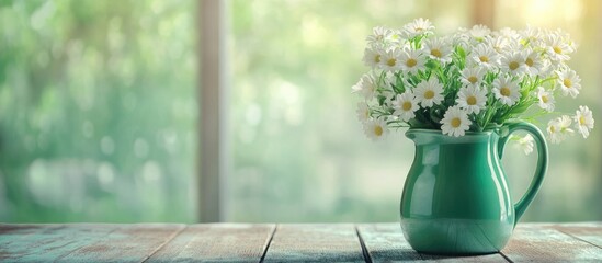 Leinwandbilder - Plastic flowers in a green jug ceramic tile are arranged on an old wooden table with blurred backgrounds and copy space for text