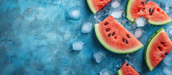 Leinwandbilder - Fresh watermelon slices with ice on a blue concrete surface Detox and vegetarian idea Top view copyspace banner
