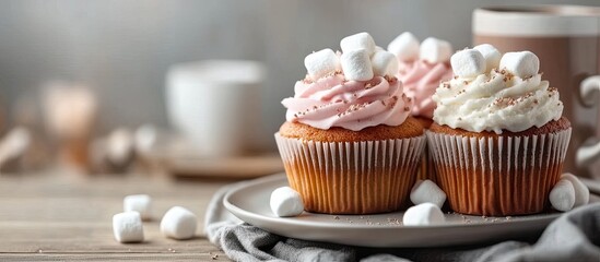 Poster - Homemade cupcakes and hot cocoa with marshmallows. with copy space image. Place for adding text or design