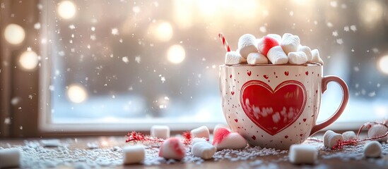 Fototapete - Hot chocolate topped with marshmallows a red heart on the cup sitting on a table adorned with winter decorations Valentine s Day backdrop featuring a greeting text. with copy space image