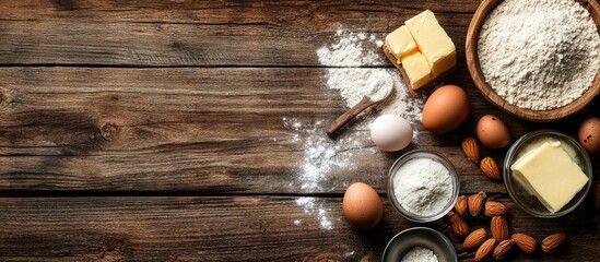 Leinwandbilder - Frame for baking and cooking pastry or cake with ingredients and utensils Flour sugar eggs butter and almonds on a rustic wooden backdrop with copy space for text flat lay