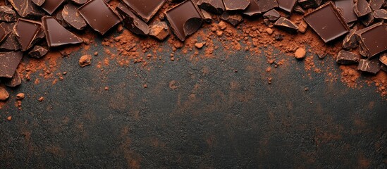 Leinwandbilder - A frame or border created from pieces of dark or milk organic chocolate and cocoa powder on a dark concrete background. with copy space image. Place for adding text or design
