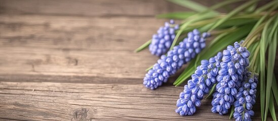 Leinwandbilder - Blue muscari flowers Grape Hyacinth on a wooden surface copyspace