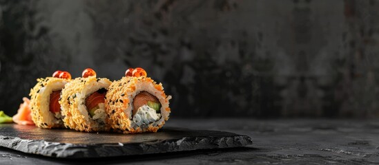 Fototapete - Warm breaded roll filled with black rice cream cheese mushrooms salmon pepper and tobiko caviar against a black stone backdrop. with copy space image. Place for adding text or design