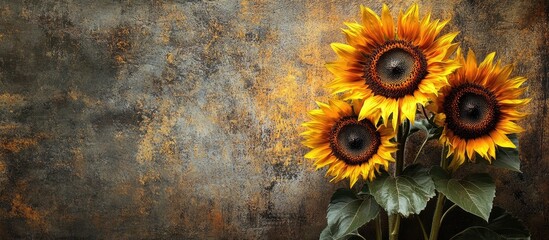 Fototapete - Sunflowers in partial shade against a rustic grunge backdrop with copy space