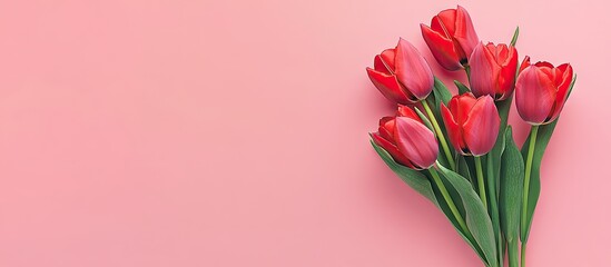 Poster - Banner featuring a bouquet of red tulips on a pastel pink background close up copy space text area Flower shop Greeting card Gift certificate Valentine s Day International Women s Day Mother s Day B