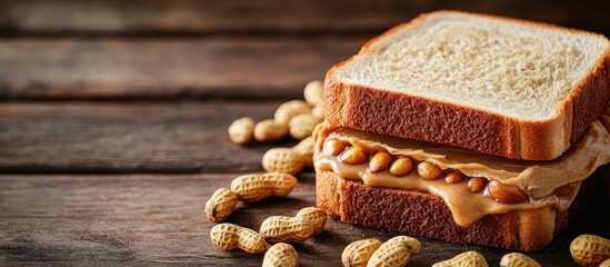 Aufkleber - Tasty peanut butter sandwich on a wooden surface alongside peanuts. with copy space image. Place for adding text or design