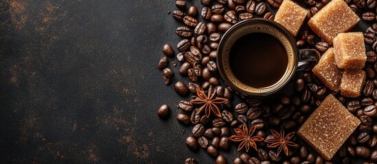 Wall Mural - Cup of coffee Coffee beans spread across the table along with star anise and chunks of brown sugar Dark background Copy space