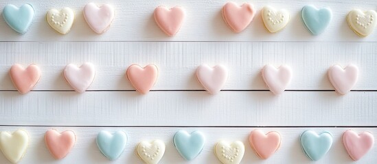 Aufkleber - Flat lay on a white wooden backdrop featuring pastel candy hearts. with copy space image. Place for adding text or design