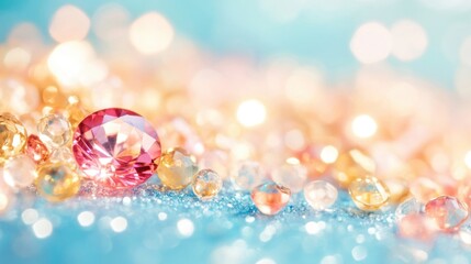 Poster - A vibrant arrangement of sparkling gemstones glimmers softly on a blue background, reflecting light and creating a captivating visual effect