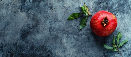 Fototapete - Red pomegranate with a sprig of ivy on a textured background Top view No people Flat lay Copy space Concept of fruits and healthy eating