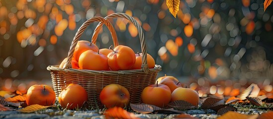 Leinwandbilder - Fresh ripe persimmons in a wicker basket on the ground. with copy space image. Place for adding text or design