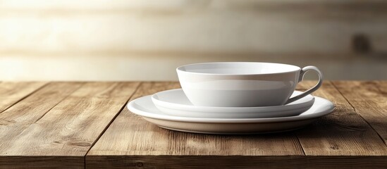 Poster - Empty tableware a white plate a bowl and a cup on a wooden table serving as a background for food photography in a vertical format. with copy space image. Place for adding text or design