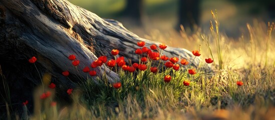 Leinwandbilder - A cluster of red buttercups flourishing next to a fallen dry pine tree in a meadow A photo featuring copy space