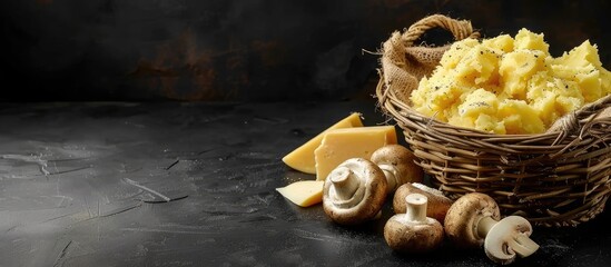 Fototapete - Baskets containing mashed potatoes cheese and mushrooms set against a black background Copy space