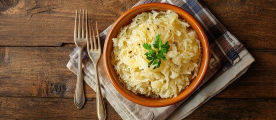 Aufkleber - Orange bowl filled with crunchy sauerkraut placed on a napkin with forks on the table. with copy space image. Place for adding text or design