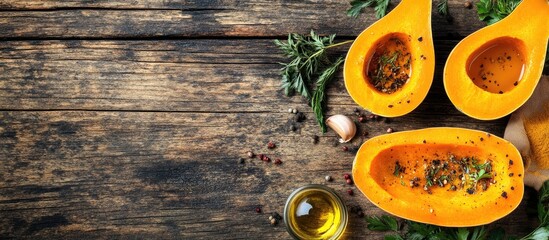 Aufkleber - Halved raw butternut squash with olive oil spices and cooking ingredients on a rustic old wooden background Top view copyspace