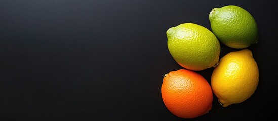 Fototapete - Lime orange and lemon on a black background Top view No Photoshop applied Copy space for text
