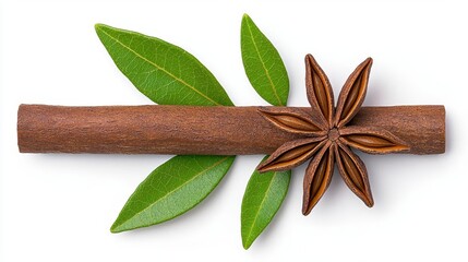 Wall Mural - A photostock of vibrant star anise pods arranged symmetrically, isolated on a clean white background, fragrant and decorative, High Quality