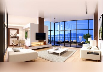 Wall Mural - Interior of modern living room panorama 3d rendering 