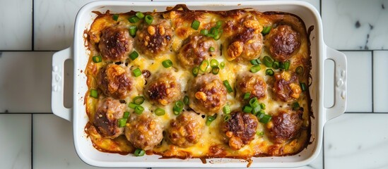 Fototapete - Delicious sausage casserole with green onions in a baking dish placed on a white tiled table viewed from above Copyspace available