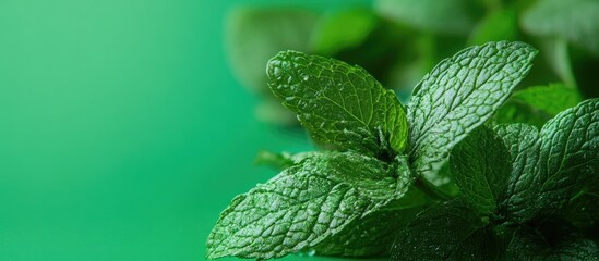 Poster - fresh mint leaves on a vibrant background. with copy space image. Place for adding text or design