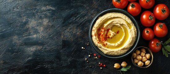 Aufkleber - Chickpea hummus drizzled with olive oil presented exclusively accompanied by vibrant tomatoes on a dark wooden backdrop featuring copy space top view Middle Eastern dish