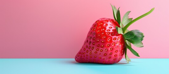 Leinwandbilder - Bright ripe juicy strawberry set against a dual pastel pink blue background. with copy space image. Place for adding text or design