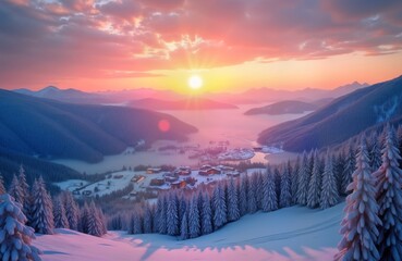 Wall Mural - Winter sunrise paints snowy Carpathian mountains. Ski resort nestled in valley below bathed in warm light. Snow-covered trees, calm lake create picturesque winter landscape. Travelers enjoy scenic