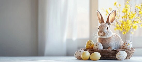 Wall Mural - Easter decor featuring a rabbit and eggs. with copy space image. Place for adding text or design