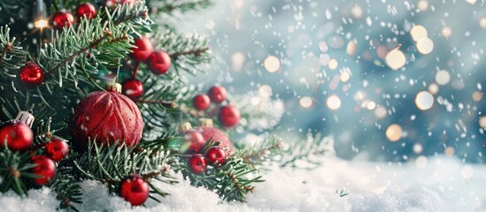 Aufkleber - green fir tree with red Christmas decorations on white snow. with copy space image. Place for adding text or design
