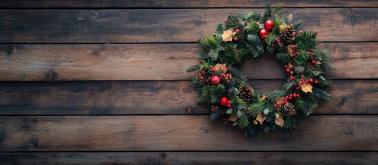 Leinwandbilder - Christmas wreath featuring natural decorations suspended on a rustic wooden wall with copy space