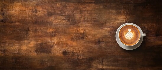 Aufkleber - Cup of coffee on a brown wooden table in a coffee shop A hot cappuccino is the perfect way to begin any morning at a cafe with copy space Top view top down