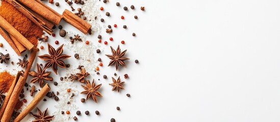 Poster - Set of spices Cinnamon and star anise on a white background with copyspace top view flat lay