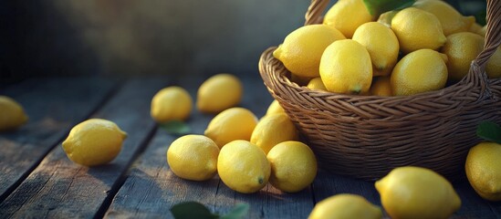 Fototapete - Fresh juicy lemons scattered from a basket on a wooden surface. with copy space image. Place for adding text or design