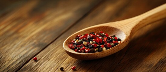 Leinwandbilder - A wooden spoon containing a blend of peppers rests on a wooden table. with copy space image. Place for adding text or design
