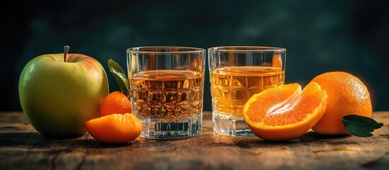 Fototapete - ripe apple tangerine and glasses containing alcohol. with copy space image. Place for adding text or design