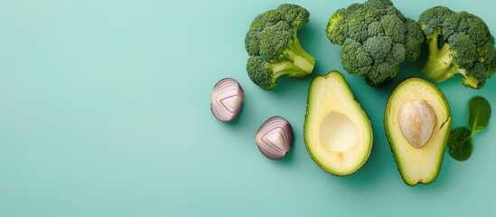 Aufkleber - Composition featuring cut out broccoli light onions and avocado halves Healthy vegan food lifestyle concept Image editing Food backdrop Copy space