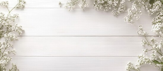 Wall Mural - Top view of wedding blooms on a white wooden background. with copy space image. Place for adding text or design