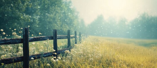 Wall Mural - Early morning countryside scene featuring a fence and meadow with copyspace Grunge texture