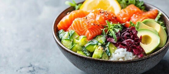 Fototapete - Traditional Hawaiian Poke salad featuring salmon avocado rice and vegetables served in a bowl for two people. with copy space image. Place for adding text or design